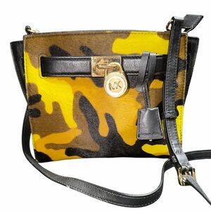 Michael Kors Acid Yellow and Black Calf hair Camo Crossbody Bag